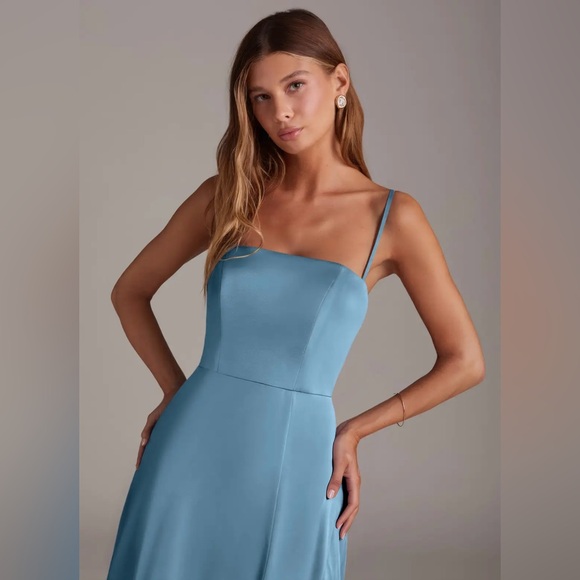 Azazie Wren Stretch Satin Dress- Steel Blue - Picture 4 of 11